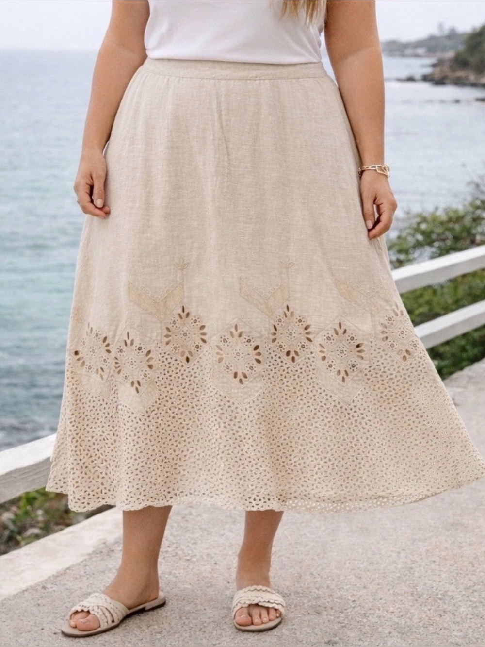 Chico's 100% Linen Cream Eyelet & Crochet Midi Skirt - Picture 6 of 6